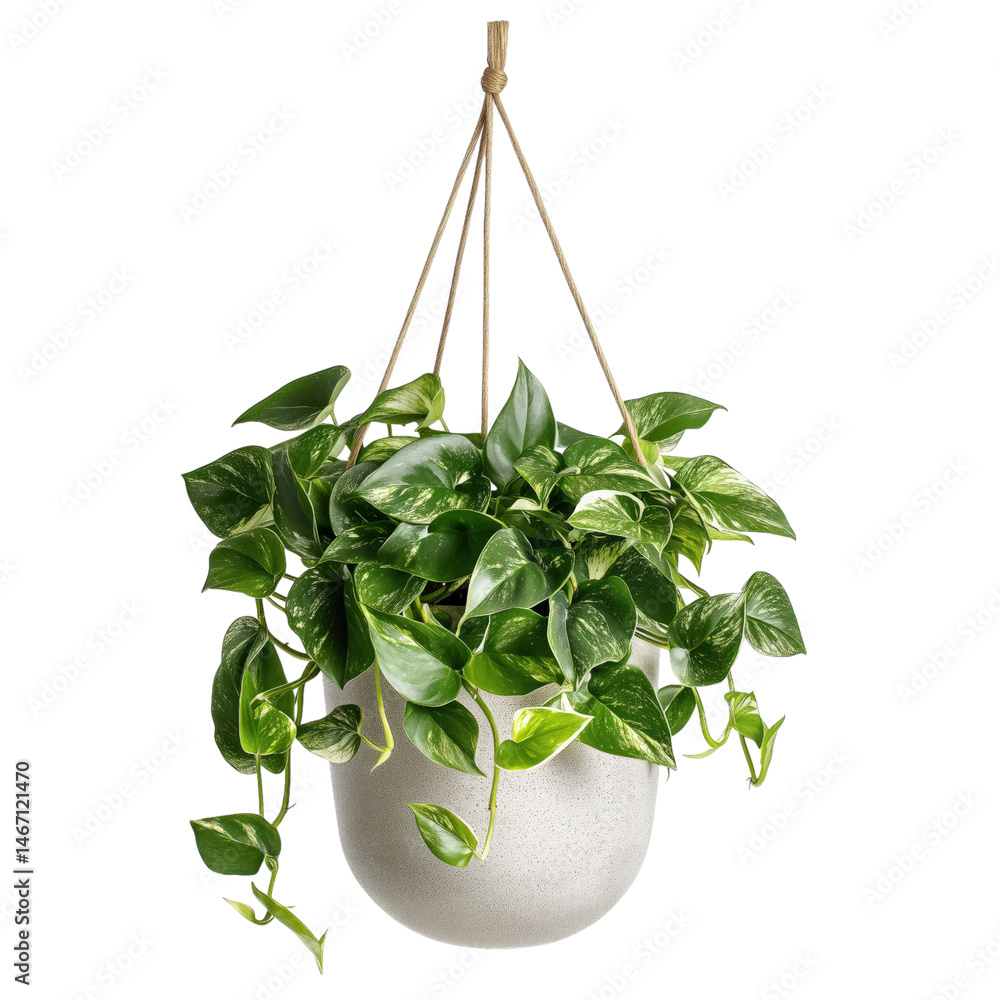 hanging Pothos Epipremnum aureum n ceramic pot side view, on isolated Background