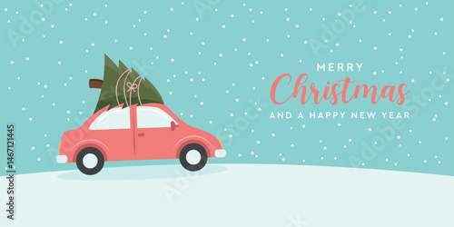 christmas greeting card with car and christmas tree on snowy landscape vector illustration