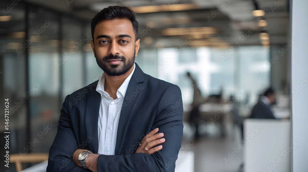 Fototapeta premium Portrait of a Confident South Asian Businessman in a Modern Office Setting Representing Global Diversity and Cultural Representation in Business Leadership Roles