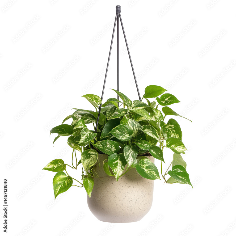 hanging Pothos Epipremnum aureum n ceramic pot side view, on isolated Background