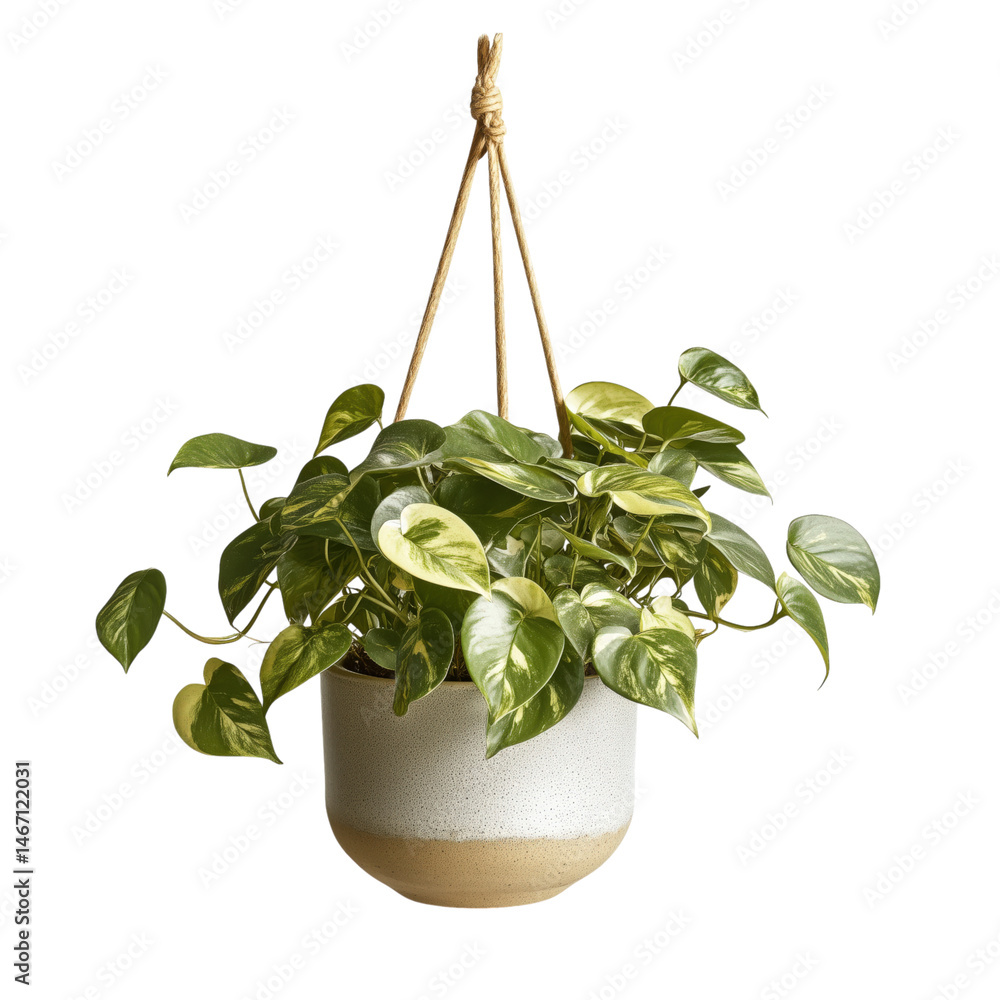 hanging Pothos Epipremnum aureum n ceramic pot side view, on isolated Background
