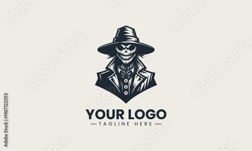 Grinning scarecrow with buttoned coat and spooky wide hat black and white vector illustration