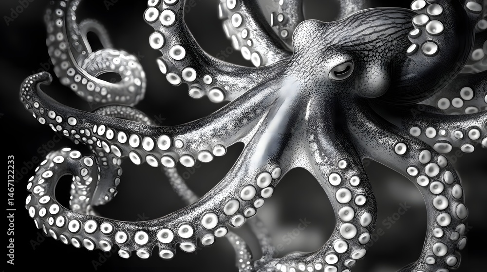 Obraz premium Octopus Tentacles in Dotted Lines: An octopus with its tentacles swirling, each one defined by a pattern of interconnected dots and lines, creating a sense of movement.