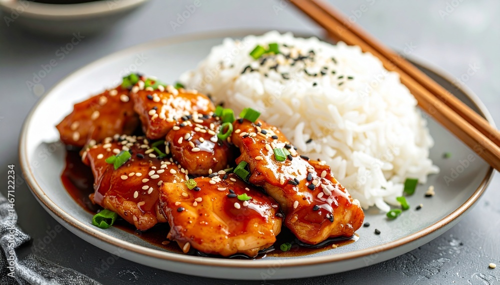 Asian-style teriyaki chicken with sesame seeds and steamed rice, served on a modern plate, with chopsticks, soft light Asian-style teriyaki chicken with sesame seeds and steamed rice, served on a modern plate, with chopsticks, soft light