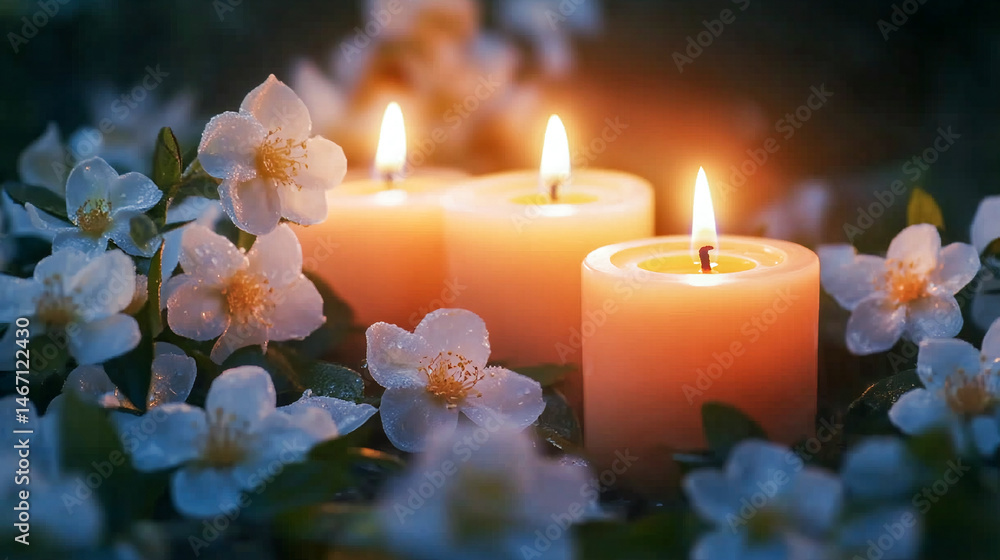 Tranquil condolence background with lit candles and delicate white flowers, symbolizing remembrance and peaceful farewells at funerals Tranquil condolence background with lit candles and delicate white flowers, symbolizing remembrance and peaceful farewells at funerals