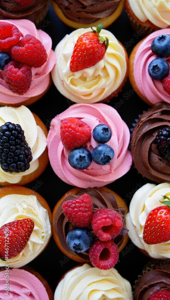 A collection of cupcakes topped with berries and cream, arranged in rows on a tray. A collection of cupcakes topped with berries and cream, arranged in rows on a tray.