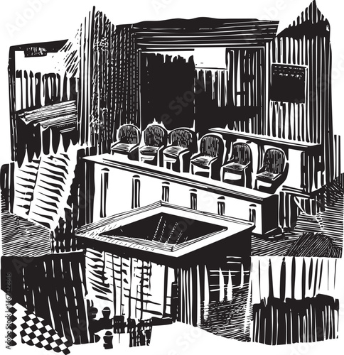 A dark textured depicts a rustic pool table in a dimly lit bar.