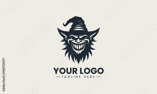 Vector logo design of grinning goblin silhouette with sharp teeth and a pointed hat