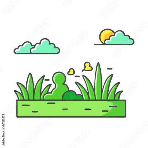 Illustration of green grass field with clouds and sun vector design landscape nature scene outdoor