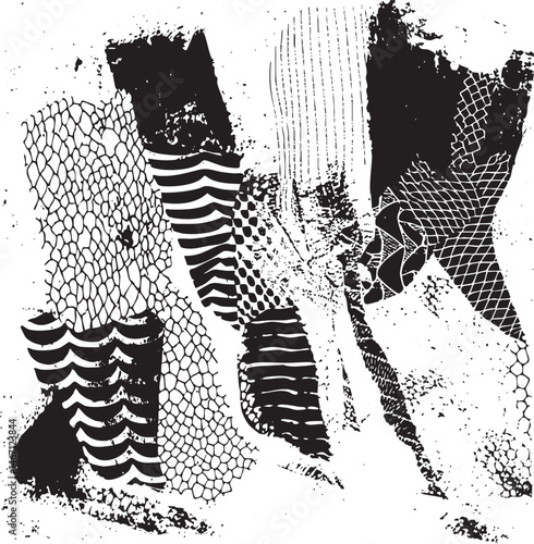 A pair of black boots are interwoven with a mesh fence.