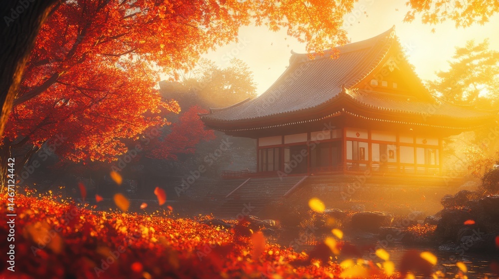 Obraz premium Traditional Japanese Temple Among Autumn Maple Tree