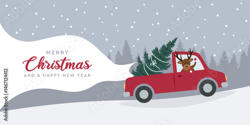 cute deer drives a car with christmas tree on snowy winter landscape vector illustration