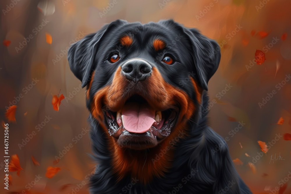 Obraz premium Happy Rottweiler surrounded by autumn leaves in warm tones.