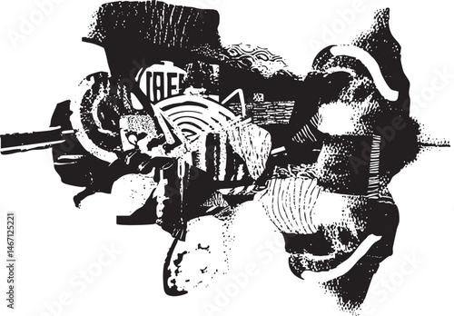 A collection of masks forms a complex layered composition.