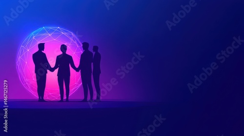 Cyberpunk team collaboration with digital sphere and futuristic connection symbolizing teamwork and innovation in neon lighting effect