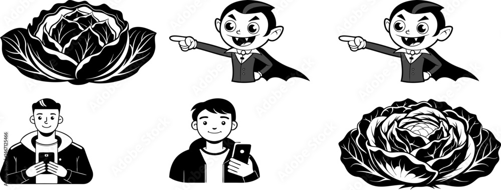 Naklejka premium Cabbages vampires and people using their phones vector, illustration, silhouette, clipart, horizontal, isolated assets, on transparent background