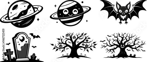 Assorted halloween themed black and white graphics vector, illustration, silhouette, clipart, horizontal, isolated assets, on transparent background photo