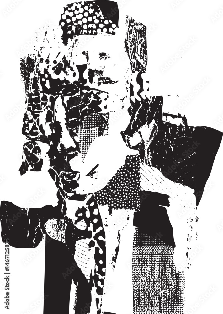 Fototapeta premium A fragmented grayscale portrait of a person with an abstracted face.