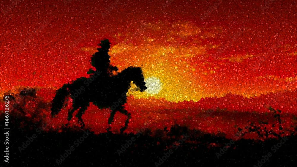 Cowboy on Horseback Against Sunset, Background Made of Cubes
Cowboy on Horseback Against Sunset, Background Made of Cubes