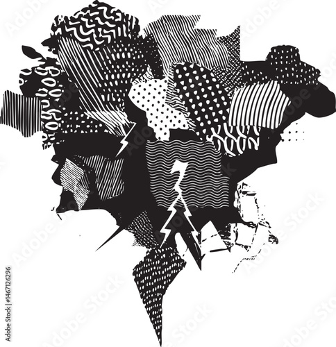 A stark black and white silhouette depicts a fragmented human face composed of geometric shapes and .