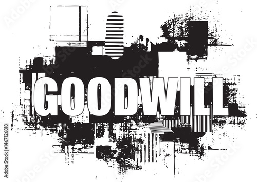A monochrome featuring the word 'GOODWILL' overlaid on fragmented shapes.