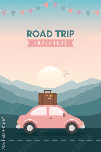 road trip adventure in the wilderness car on mountain landscape vector illustration