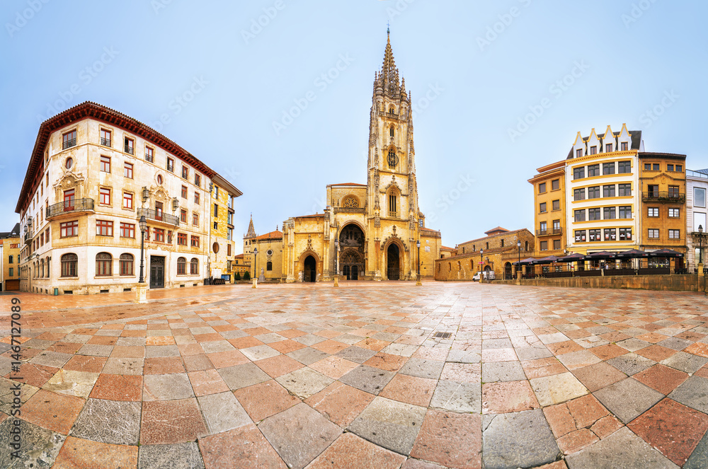 Fototapeta premium Wide-angle view of the Cathedral of San Salvador in Oviedo, Spain, located in the historic Plaza Alfonso II; the Gothic architecture of the cathedral . 