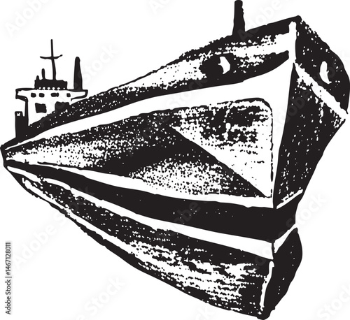 A stylized dark silhouette of a ship rests on a weathered stone surface.