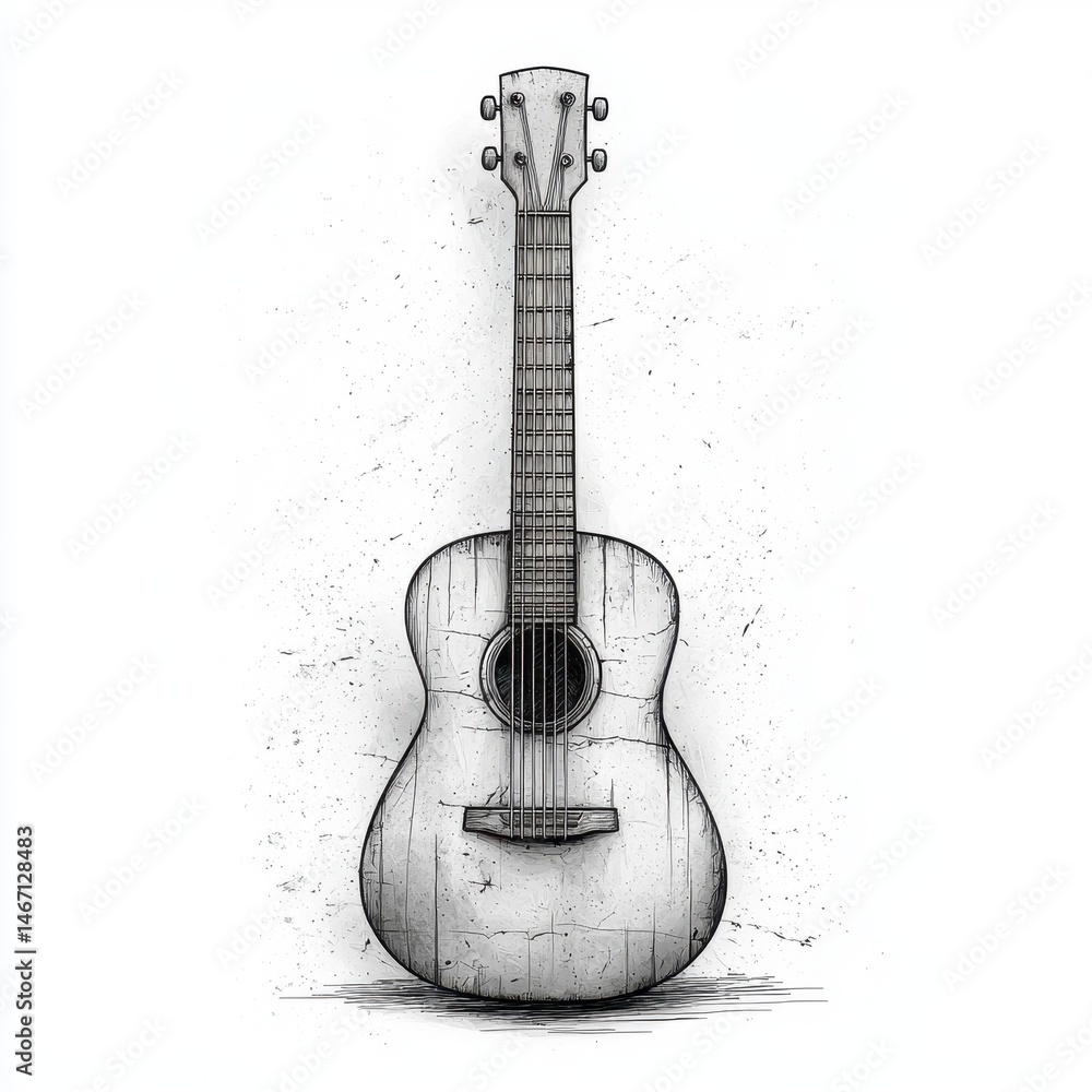 Naklejka premium Detailed Black and White Acoustic Guitar Illustration