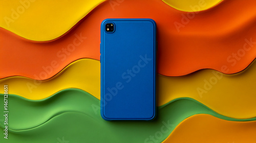 A square blue clay mobile phone case placed on top of an orange, yellow, and green wavy background.