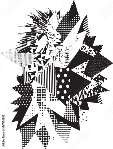 Abstract geometric shapes in stark black and white create a dynamic fractured composition.