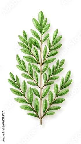 A vibrant, detailed illustration of a green sprig with delicate, ovate leaves arranged symmetrically along a central stem