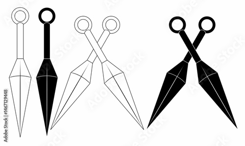 Vector set of kunai knives, iconic ninja weapons in outline and solid styles. Perfect for games, anime, martial arts, weapon icons, or Japanese culture designs.