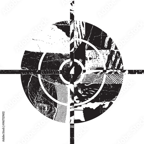 A fragmented circular viewfinder with intersecting lines.