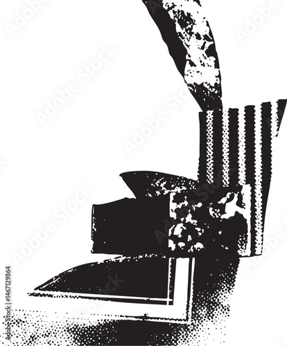 A dark angular silhouette of a chair rests on a textured surface.