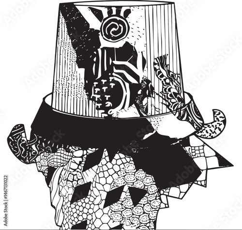A stylized black and white depicts a conical hat adorned with intricate geometric and decorative elements.