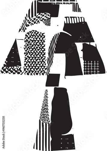 A stylized geometric figure composed of overlapping black and white shapes forms a dynamic composition.