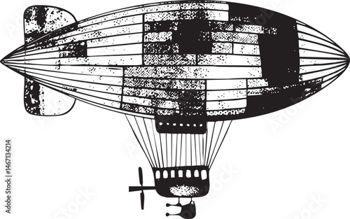 A vintage black and white airship floats gracefully against a bright background.
