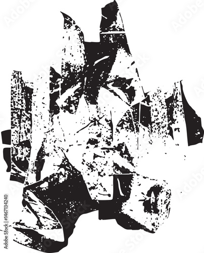 A fragmented textured silhouette of a human figure dominates the .