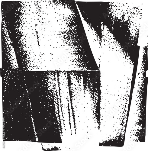 A fragmented grayscale geometric shape dominates the with sharp angular lines.