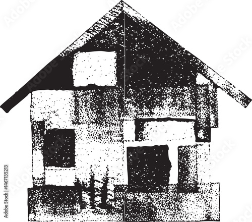 A weathered fragmented house structure stands against a stark white background.