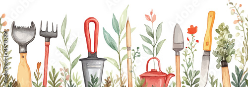 Gardening Tools Illustration: A vibrant illustration of various gardening tools, delicately arranged amidst lush green foliage and colorful flowers.