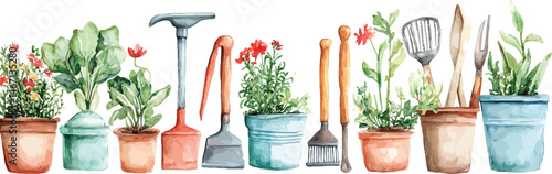 Garden's Toolkit Harmony: A vibrant array of gardening essentials and lush potted plants forms a delightful illustration, celebrating the beauty of horticulture and nurturing