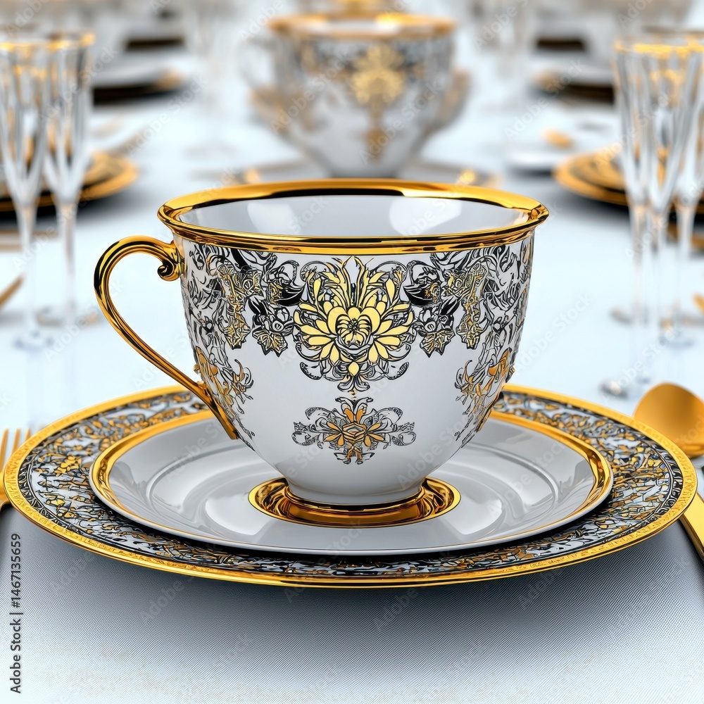 Fototapeta premium Elegant White Teacup with Gold Accents and Floral Pattern