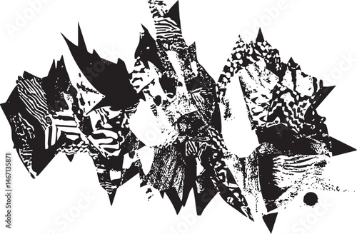 A fragmented abstract shape emerges from a textured white background.