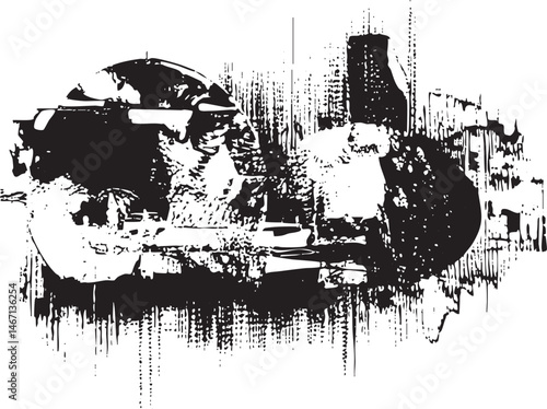 A lone figure intently studies blueprints at a drafting table amidst industrial machinery.