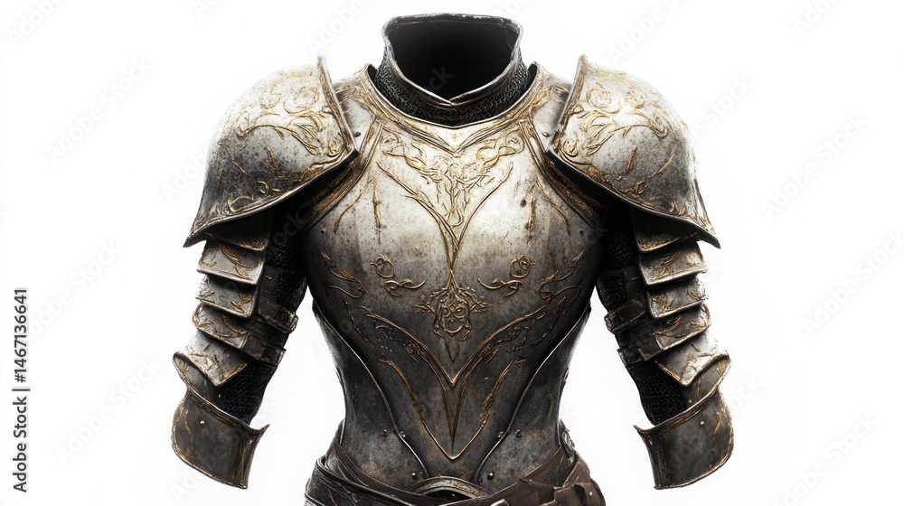 Ornate medieval female knight's armor, isolated on white background. Ornate medieval female knight's armor, isolated on white background.