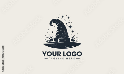 Black vector illustration of pointed witch hat with magical spark elements for logo use
