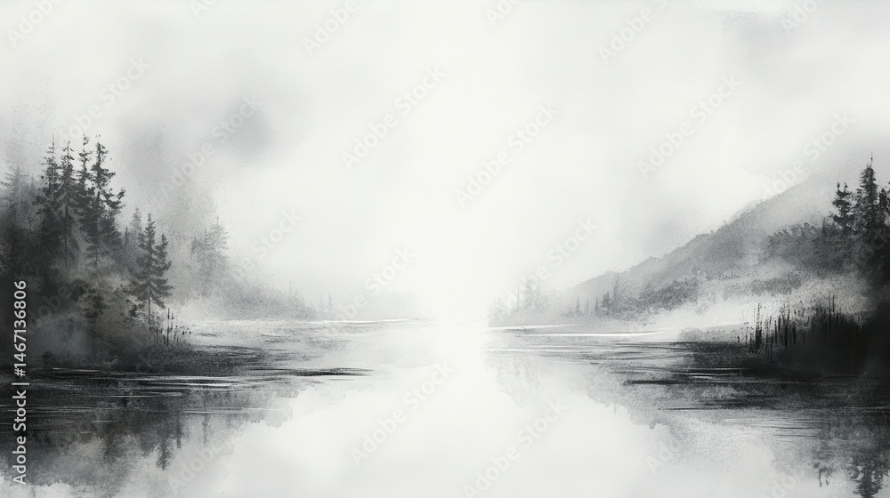 Fototapeta premium Minimalist Ink Painting of a Gently Flowing River