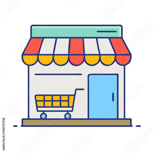 Vector illustration of a store front with shopping cart for retail business concept design